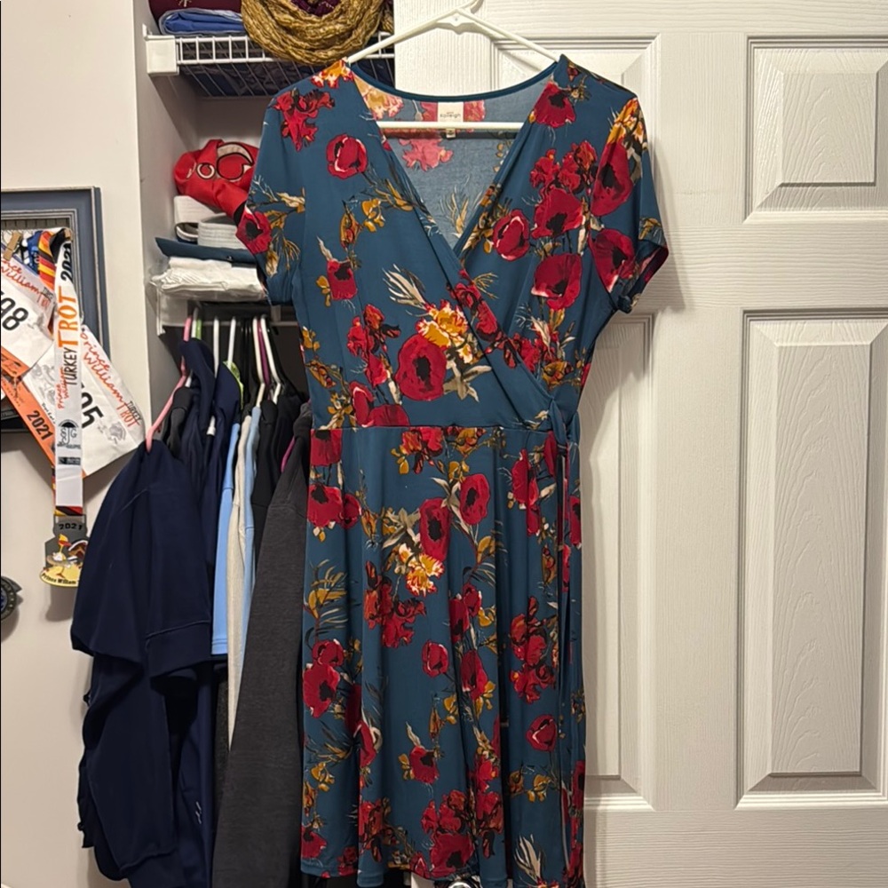 Floral Wrap Dress - Teal/greenish and Red